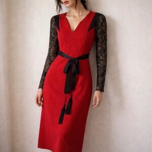 Amanda Wakeley Red and Black Lace Midi Dress Back Cut Out Size 4 Resort 2017